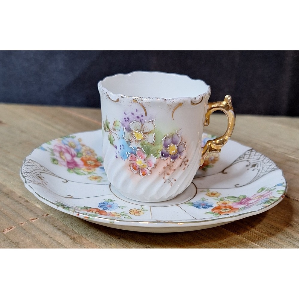 Vintage Made in Occupied Japan Demitasse Cup and Saucer Set Floral Gold Gilt